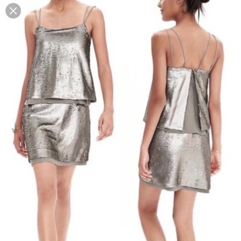 NWT Banana Republic Pewter Sequin Layered Dress 6